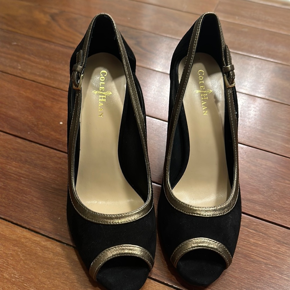 Cole Haan Black Suede With Gold Trim & Heel Open Toe